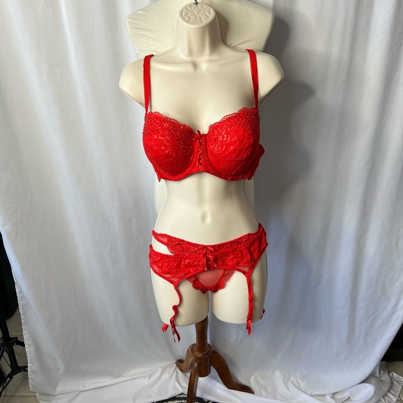Victoria's Secret Red Lace Lingerie Set  Bra, Garter Belt & Thong  -  www.buildwithchirag.com